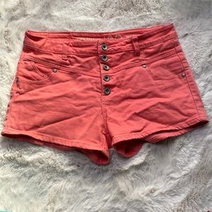 Premium Lavo denim. High wasted. Short shorts. Bright coral color. Button up.